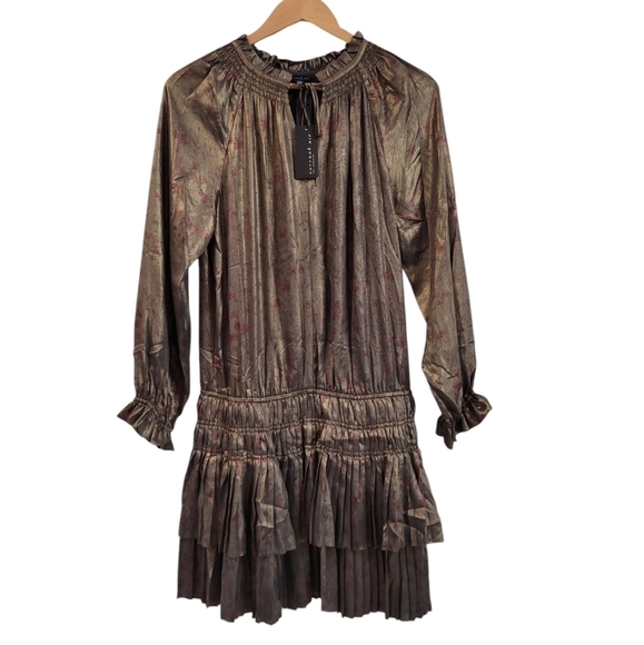 Anthropologie Current Air Gold Satin Metallic Floral Tired Mini Dress Medium - Picture 3 of 8